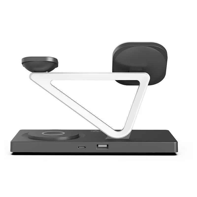 White five-in-one wireless charging night lamp showing magnetic phone bracket, circular charging base, watch pad, and background illumination