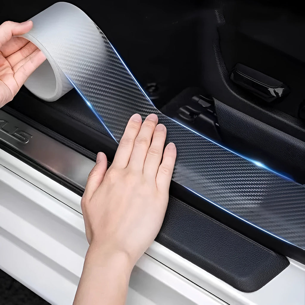 Transparent carbon fibre grain anti-collision strip roll for car door and threshold protection.