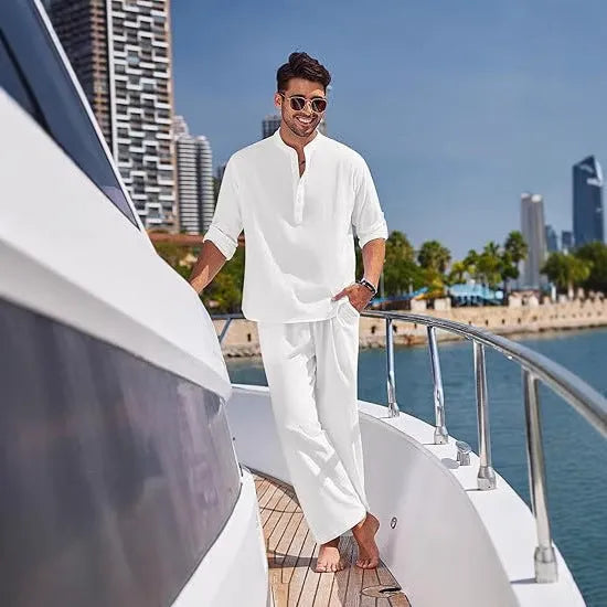 Men's solid colour cotton casual suit with long sleeves and trousers in multiple colours.