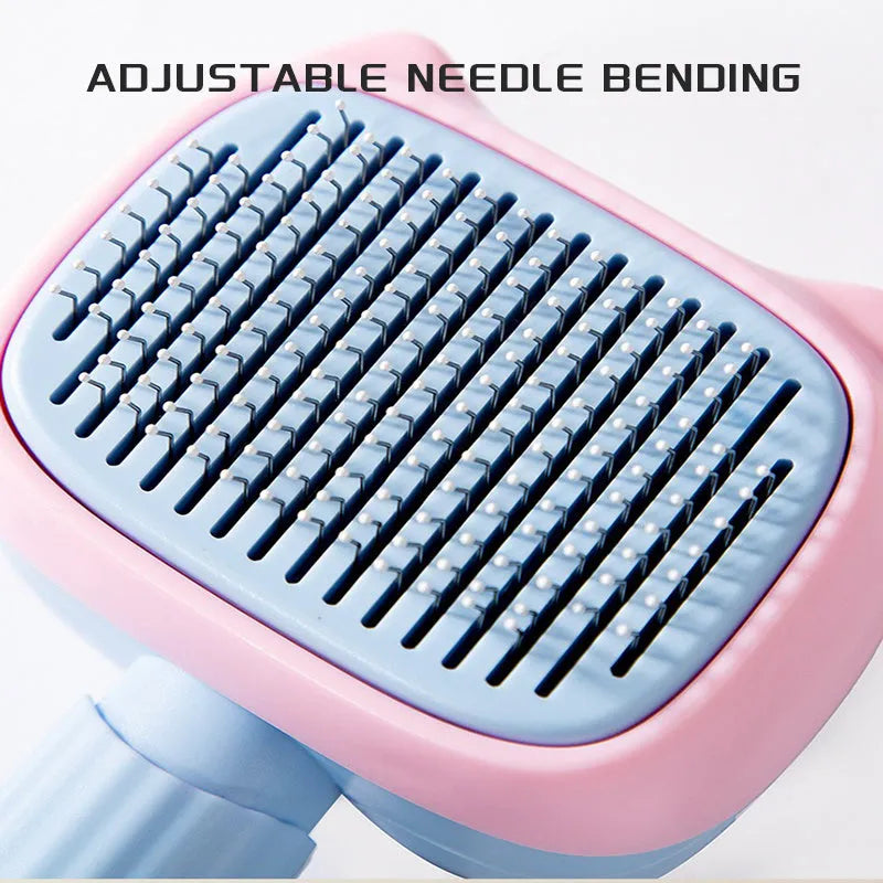 Blue and green dual-sided pet grooming brush showing deshedding rake and dematting comb.