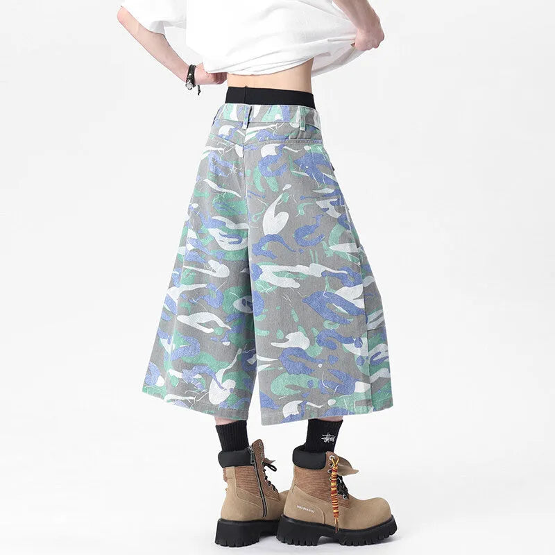 Camouflage colour cotton denim cropped work trousers with patch pockets and straight leg cut