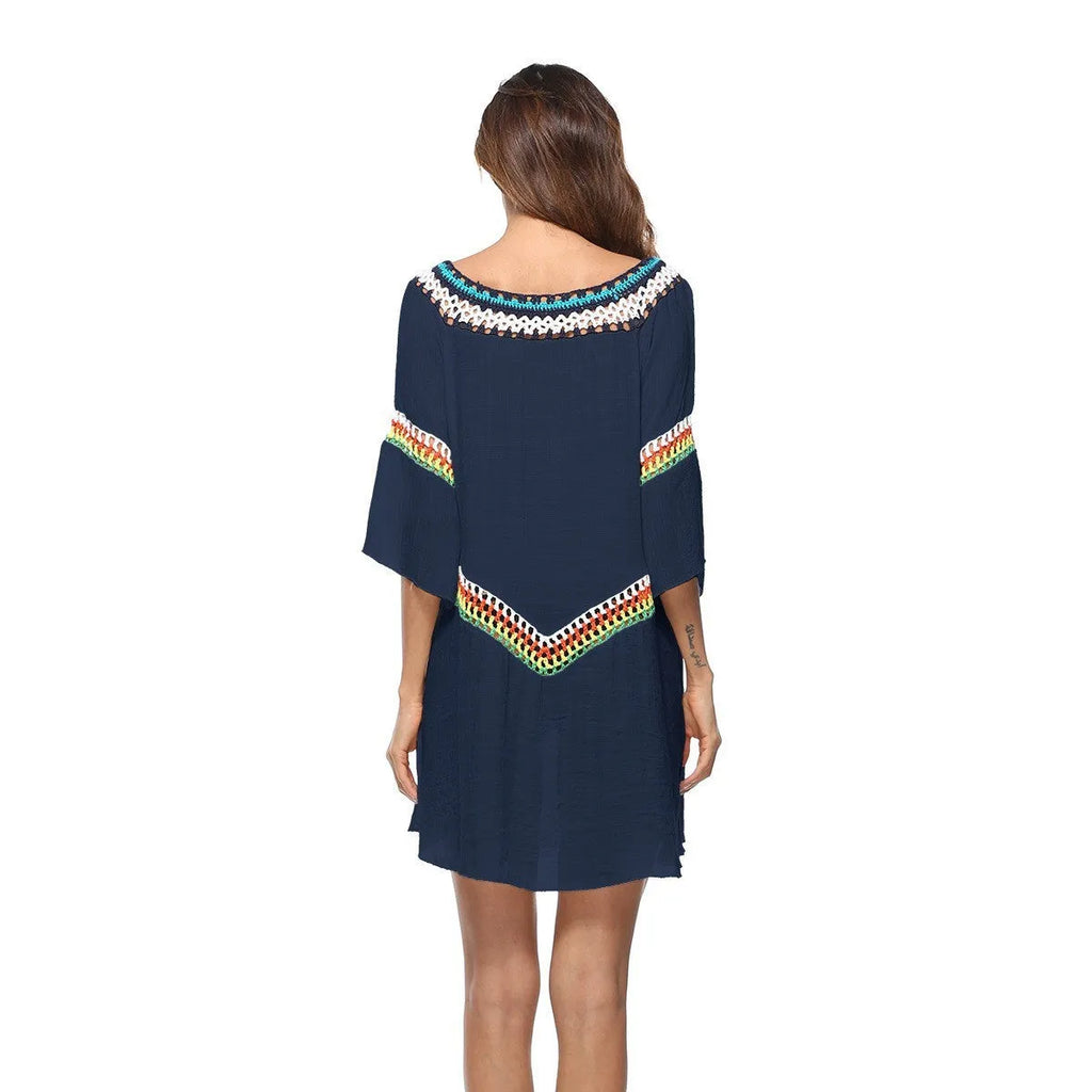 Crocheted ethnic style sun protection top in white colour for beachwear