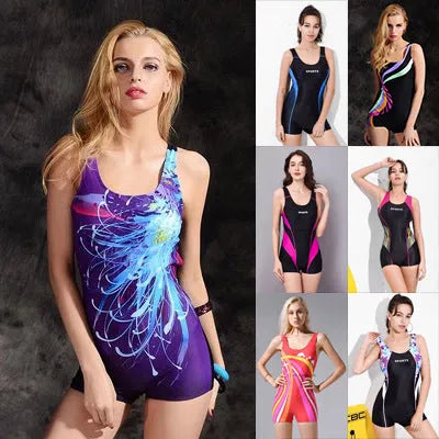 Women's black and blue quick-drying polyester one-piece swimsuit with sleeveless conservative design