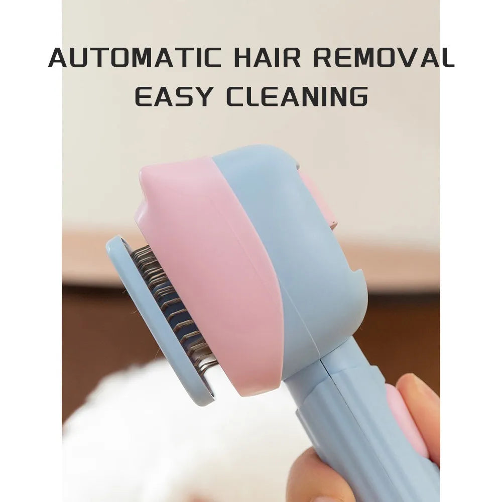 Blue and green dual-sided pet grooming brush showing deshedding rake and dematting comb.