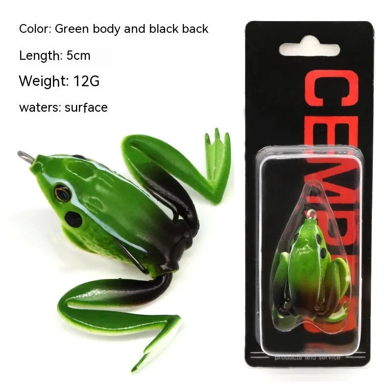 Bionic Real Thunder Frog Snake Head double hook fishing bait in grass green and black yellow dots colours