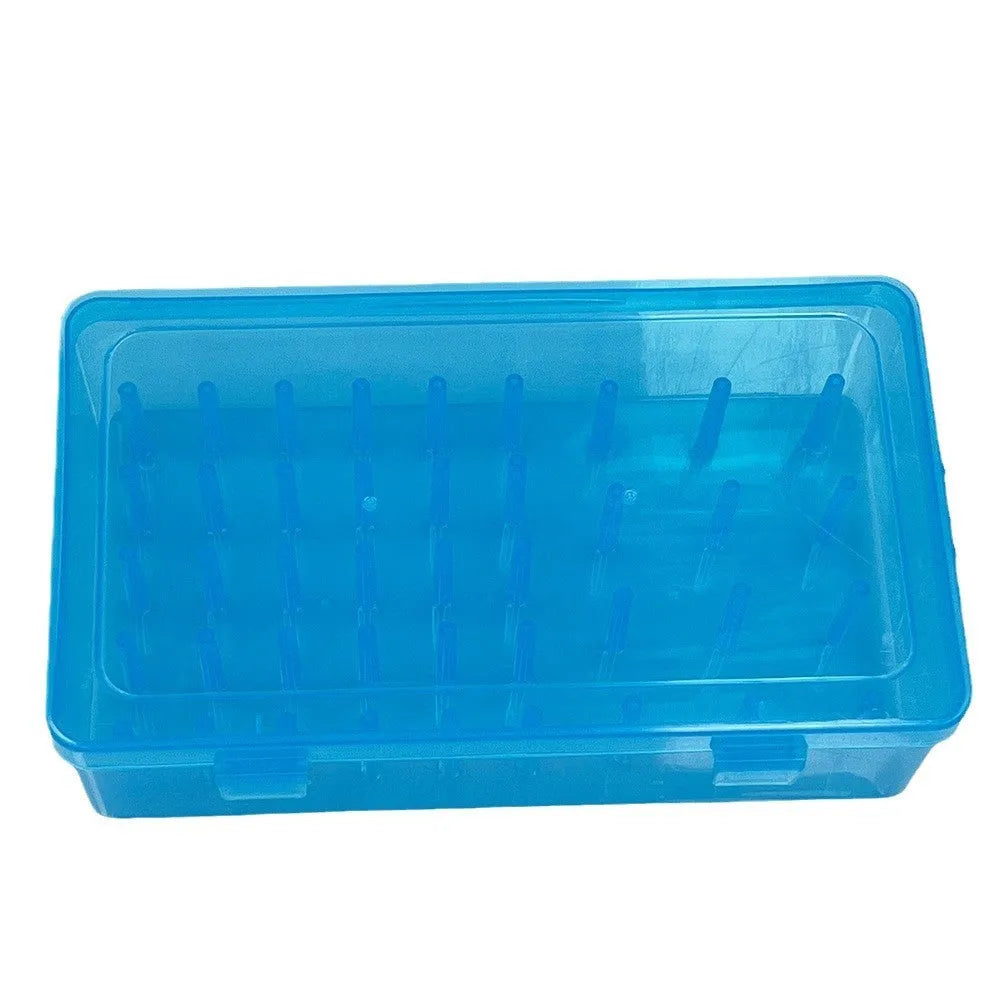 A 42-compartment transparent plastic sewing storage box for organising embroidery threads and needles.