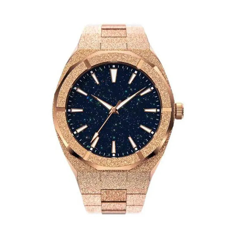 Stainless steel men's waterproof quartz watch with a 42mm dial on a wrist.