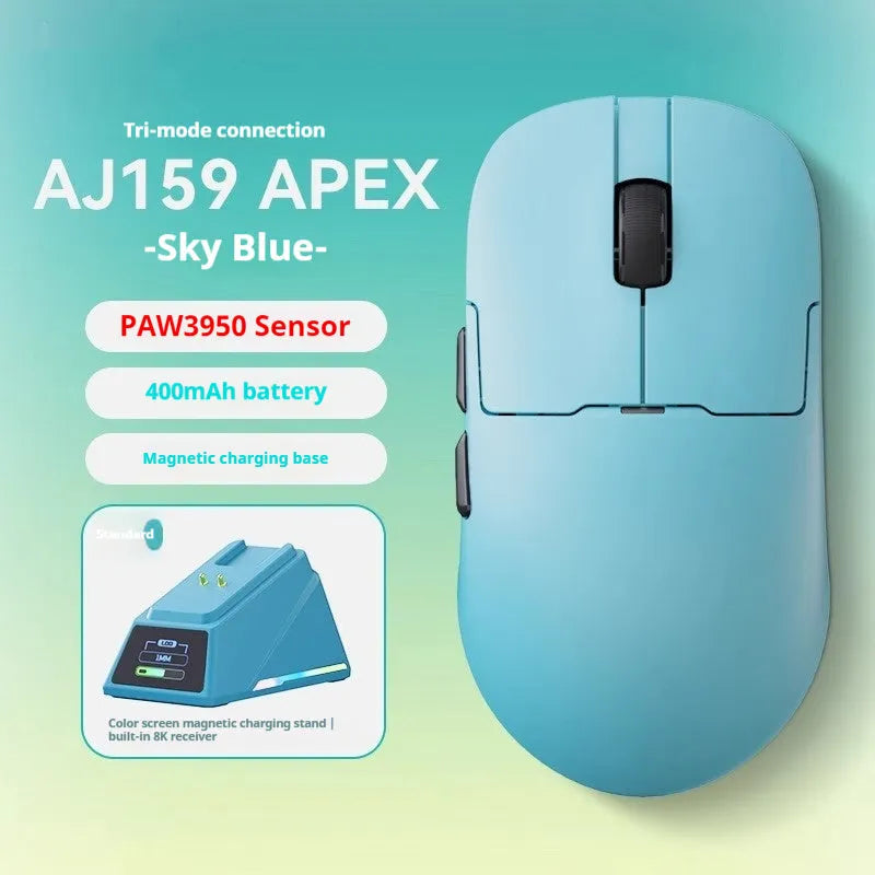 AJ159 triple-mode gaming mouse in Yunfeng White colour on a mousepad, showing its small-medium size and sleek design.