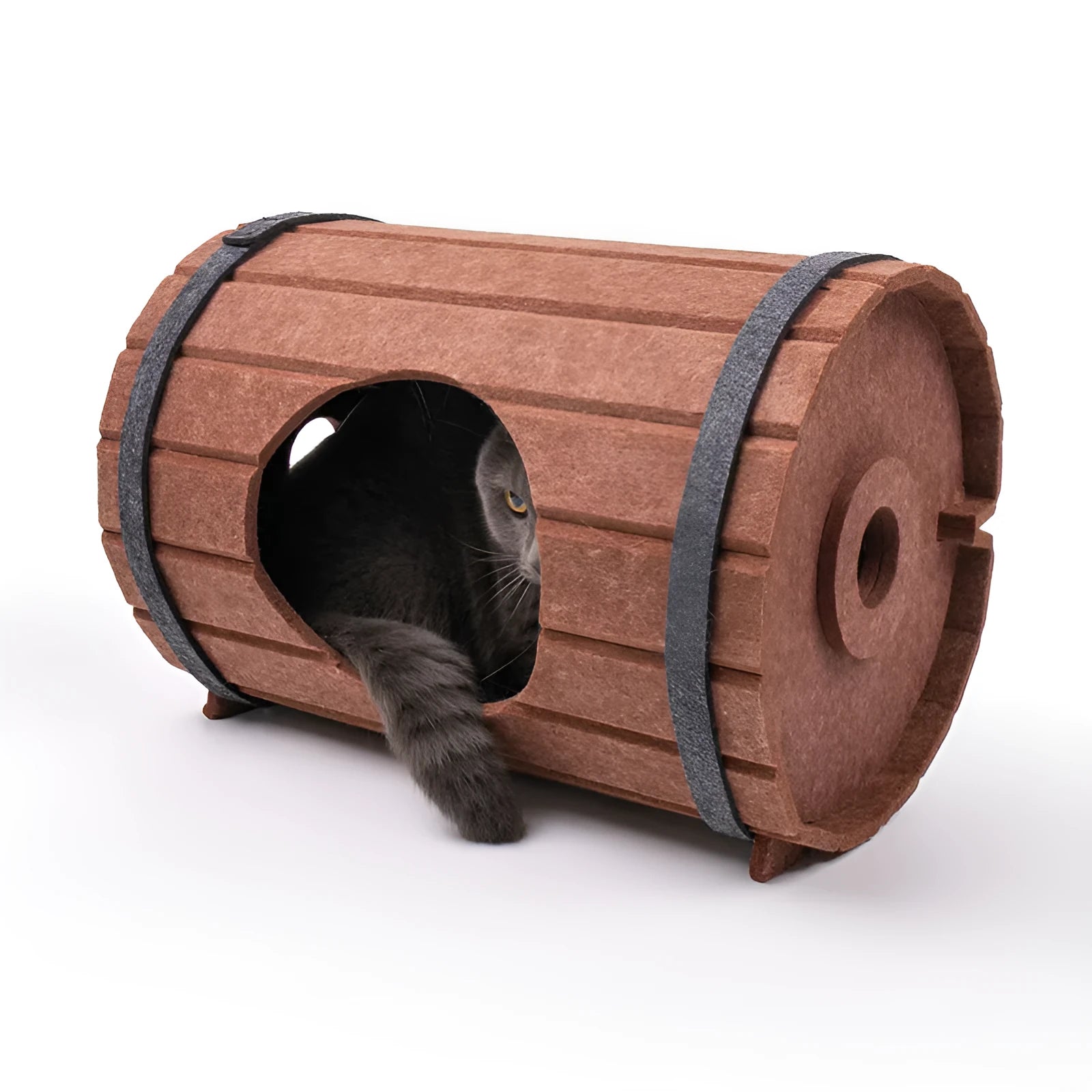 Assembled wine barrel shaped cat bed made from polyester fibre felt board with binding straps