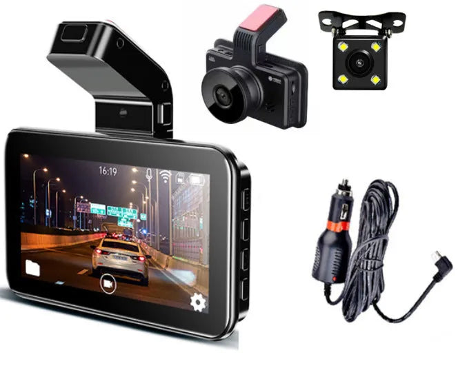 3-inch HD car DVR dashboard camera with double lens for front and rear recording, showing screen and button controls