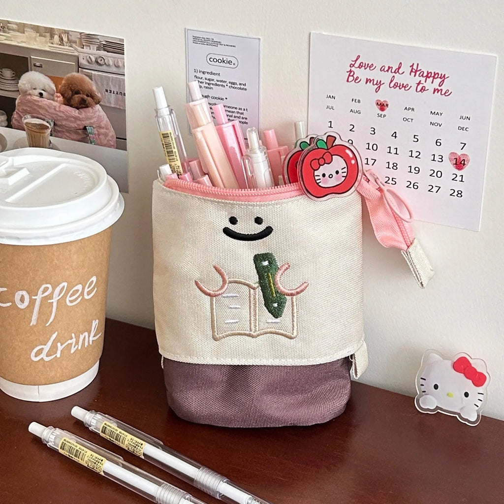 Brown Korean style cartoon pattern collapsible pencil case with zip closure showing 17cm by 14cm dimensions