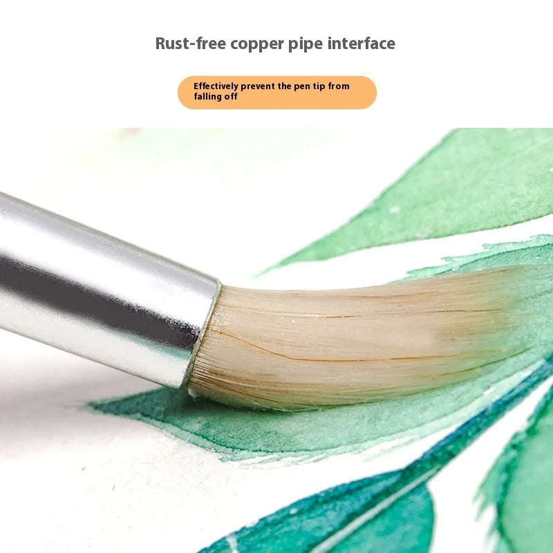 Six wooden brush pens with pointed wool felt tips arranged together as an artist set