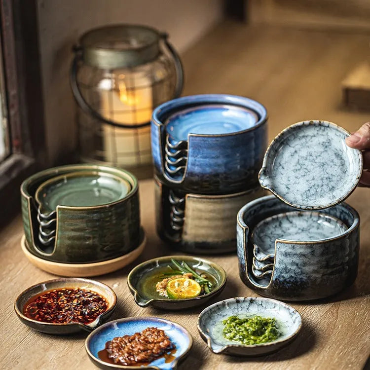 Japanese porcelain seasoning dish set with 4 small plates and 1 tray, irregular shape, available in five colours