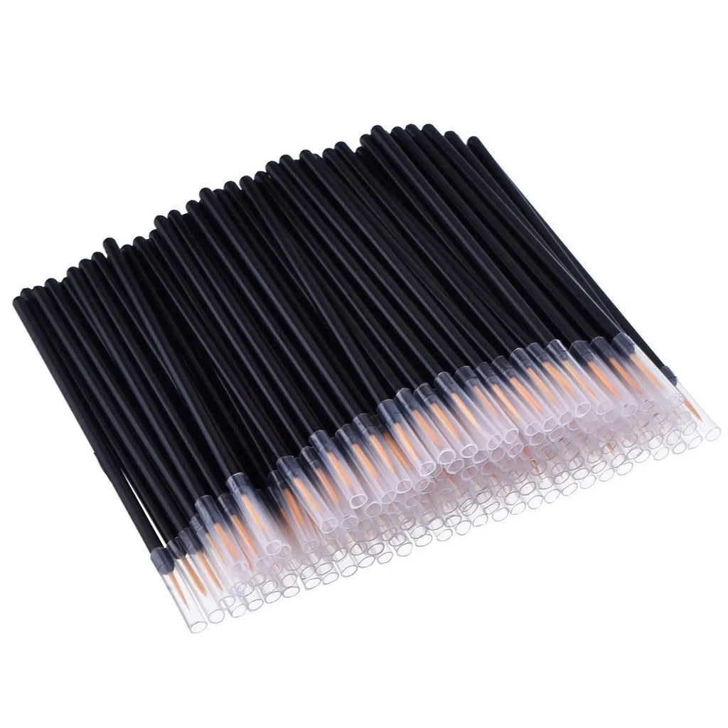 Pack of one hundred black disposable eyeliner brushes with fine pointed tips and protective plastic sleeves.