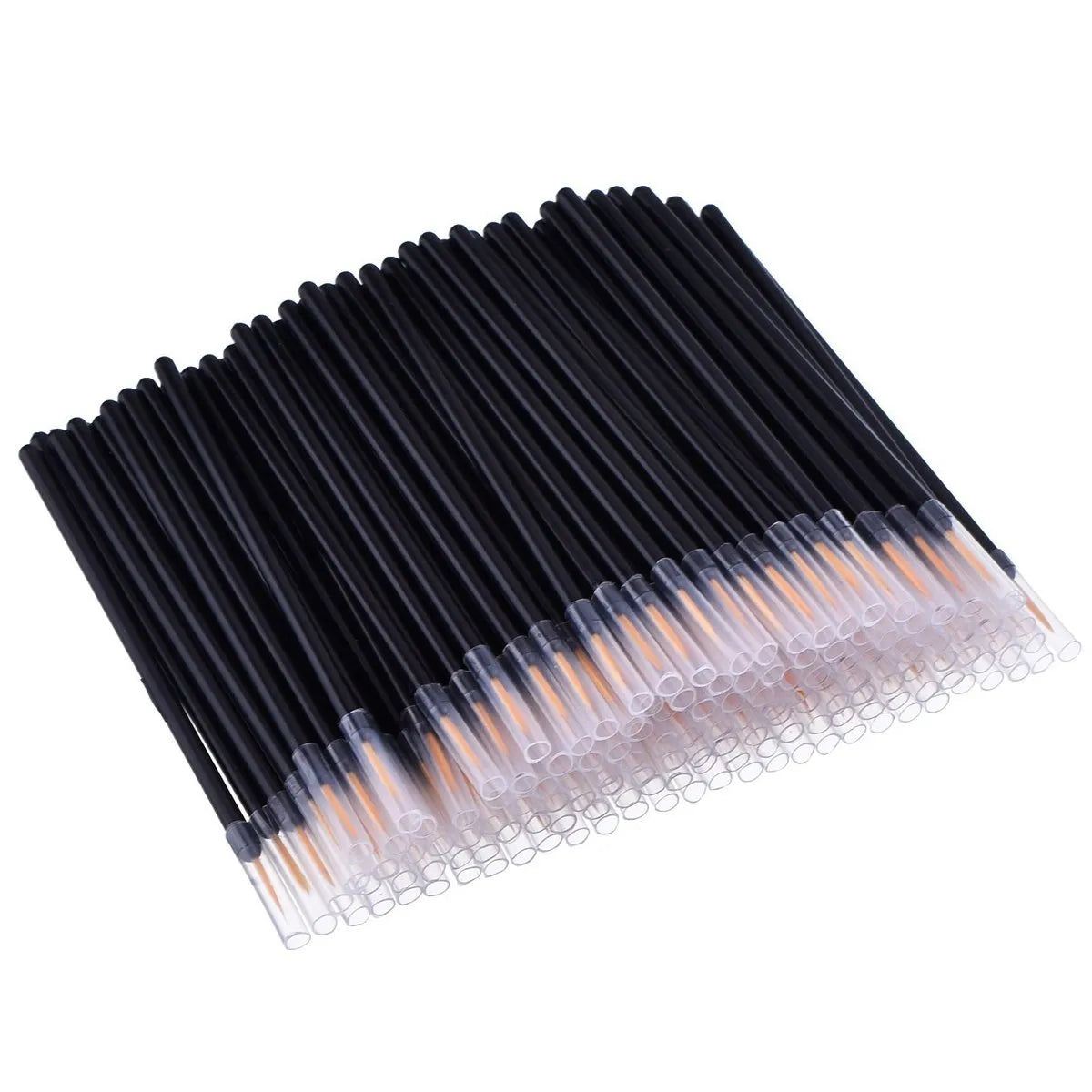 Pack of one hundred black disposable eyeliner brushes with fine pointed tips and protective plastic sleeves.