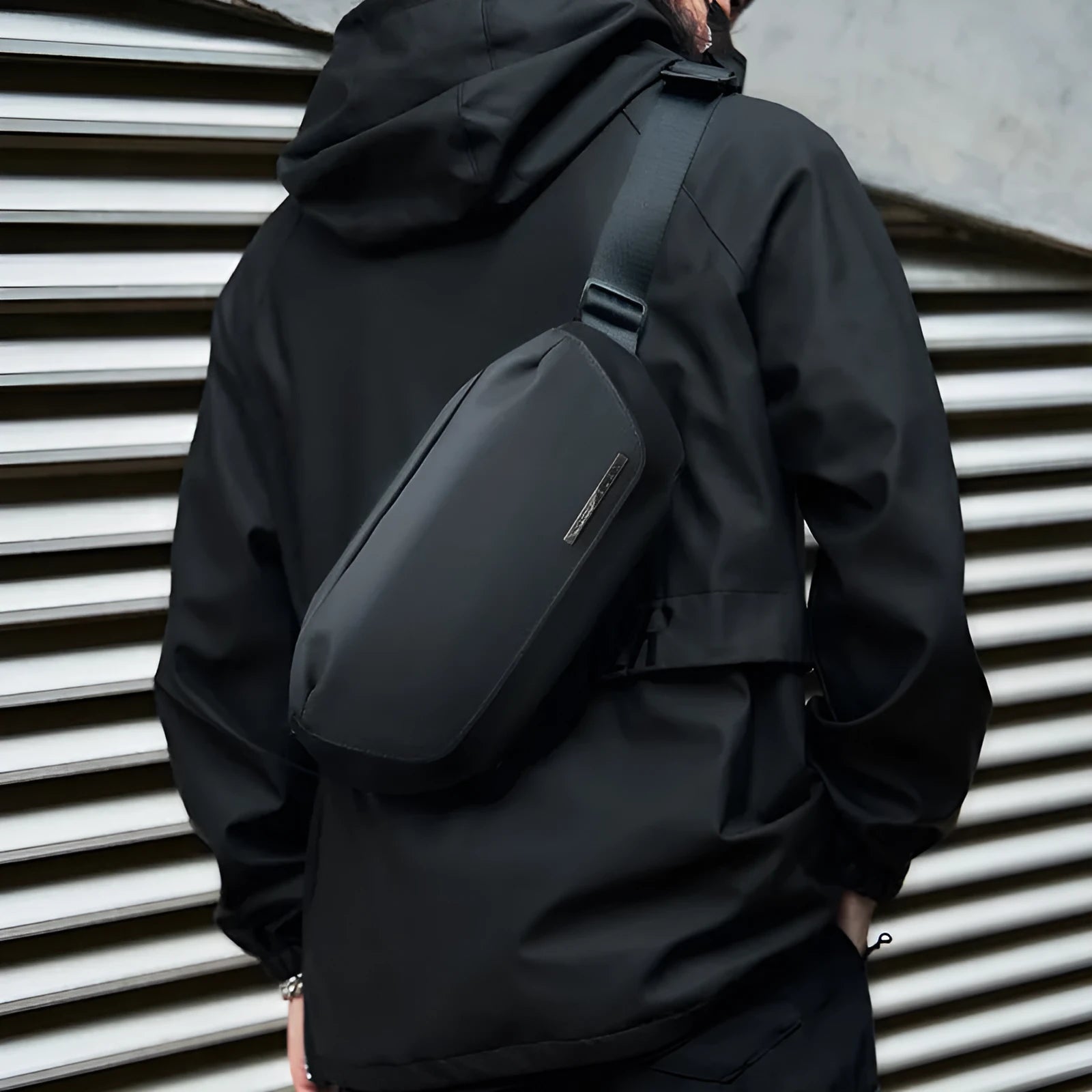 Black Oxford cloth men's messenger bag with cross-body strap and street style design