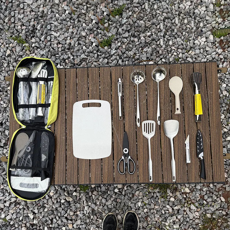 Khaki storage bag containing a 12-piece stainless steel picnic cutlery set for outdoor dining