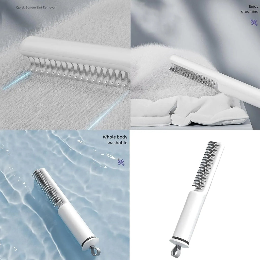 Stainless steel pet dematting comb with user-friendly handle on a pink background.