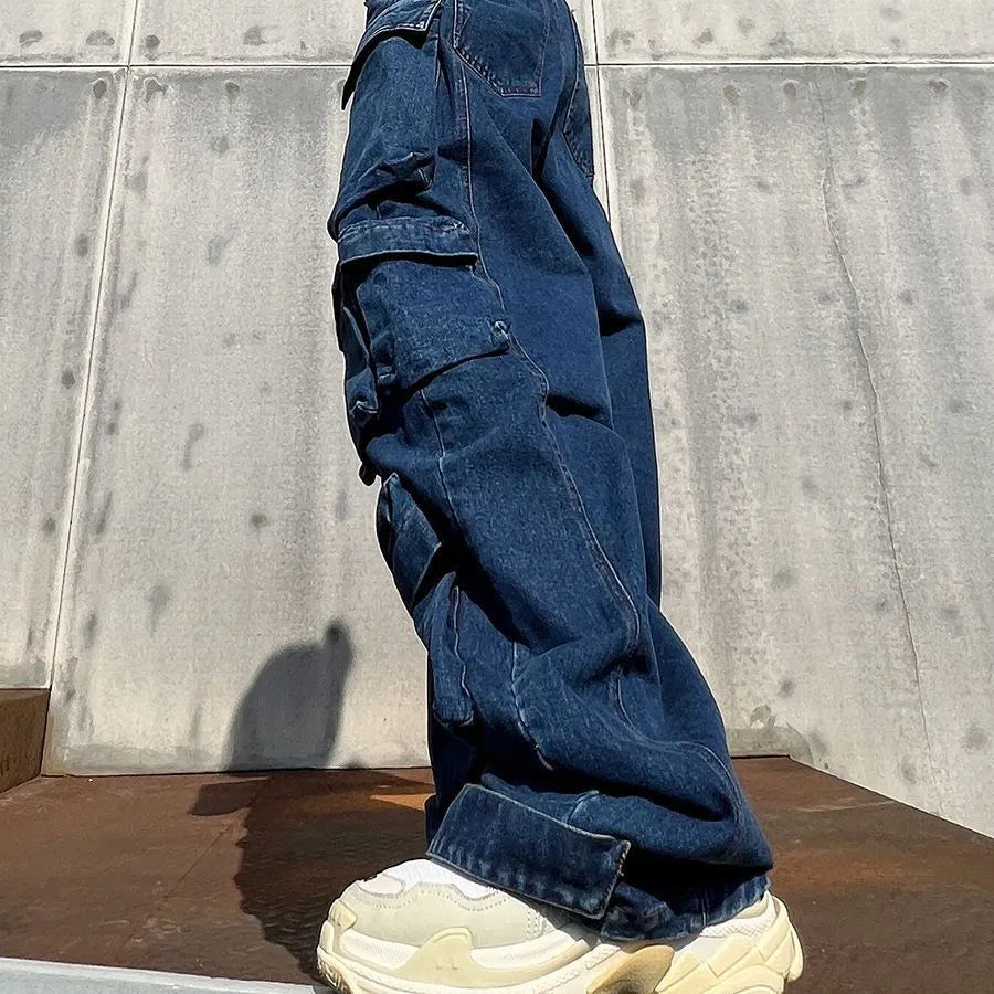 Dark blue distressed wide-leg workwear jeans with high waist and multiple pockets