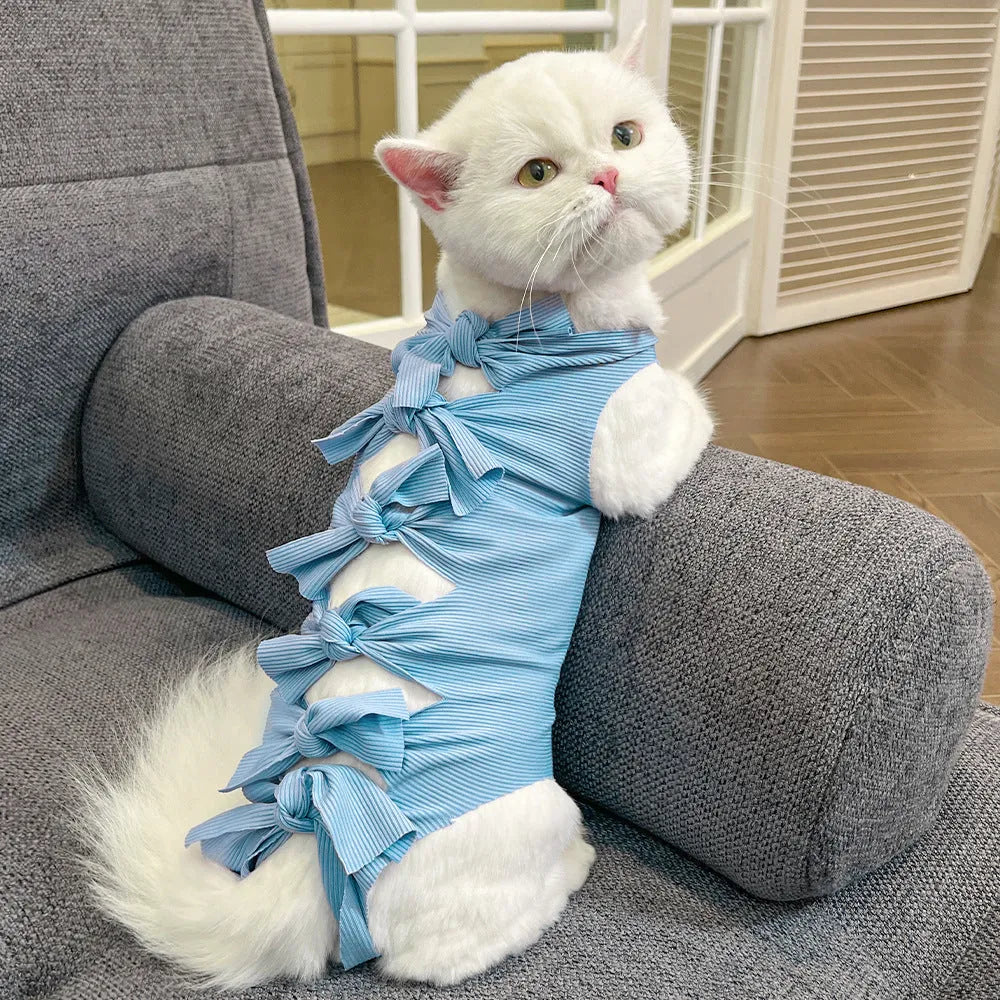 Lace-up cat sterilization clothing in blue colour with size labels for post-operation recovery