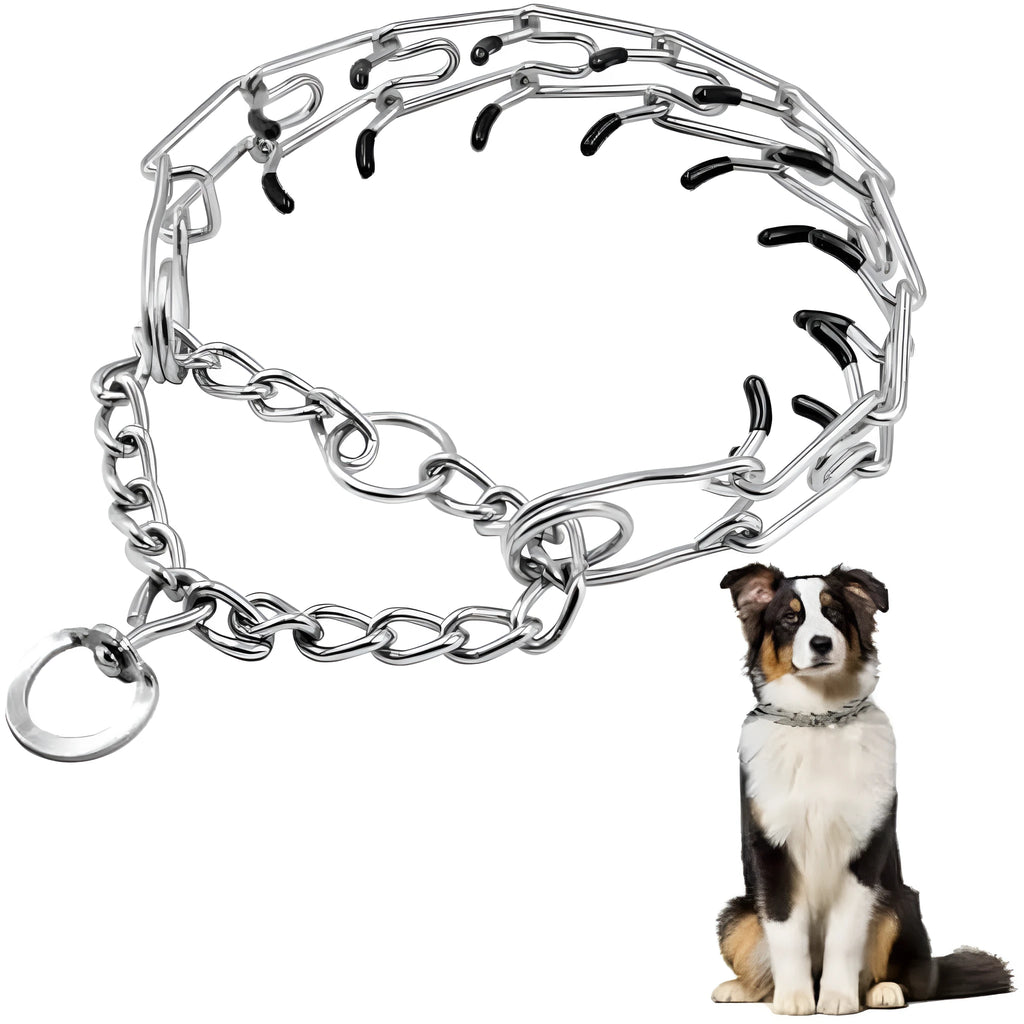 Stainless steel dog training pinch collar with rubber tips showing adjustable chain links