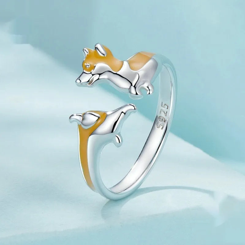Adjustable silver ring with cartoon corgi design and electroplated finish, SCR1014-E colour variant