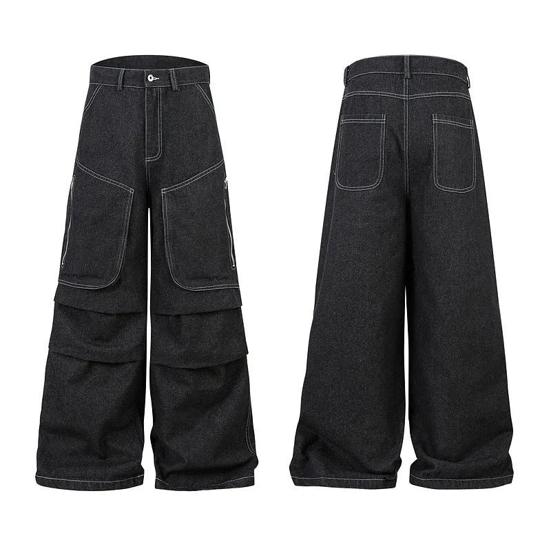 Black multi-pocket pleated workwear jeans in cotton denim fabric with zip fly closure