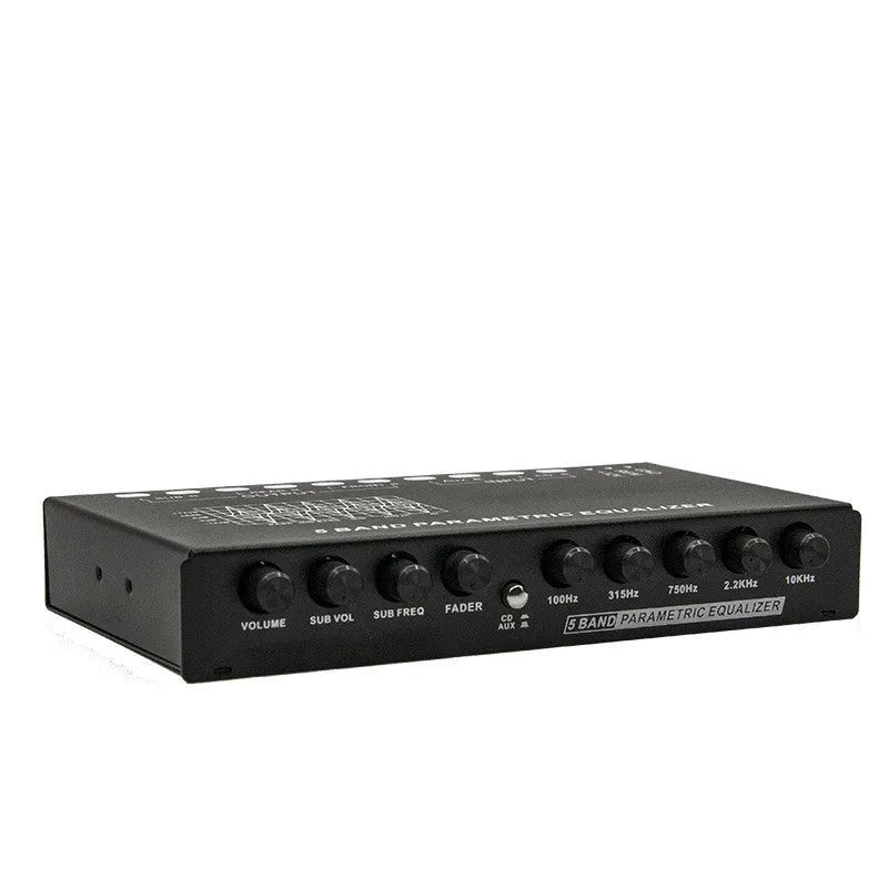 Car audio EQ tuning amplifier with front-panel controls for subwoofer frequency and volume adjustment