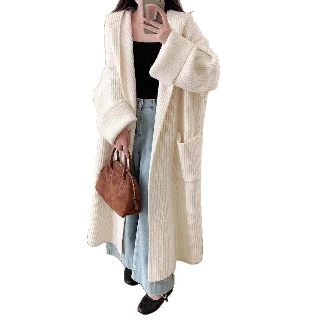 Women's loose hooded cardigan coat in extended 80cm length with raglan sleeves