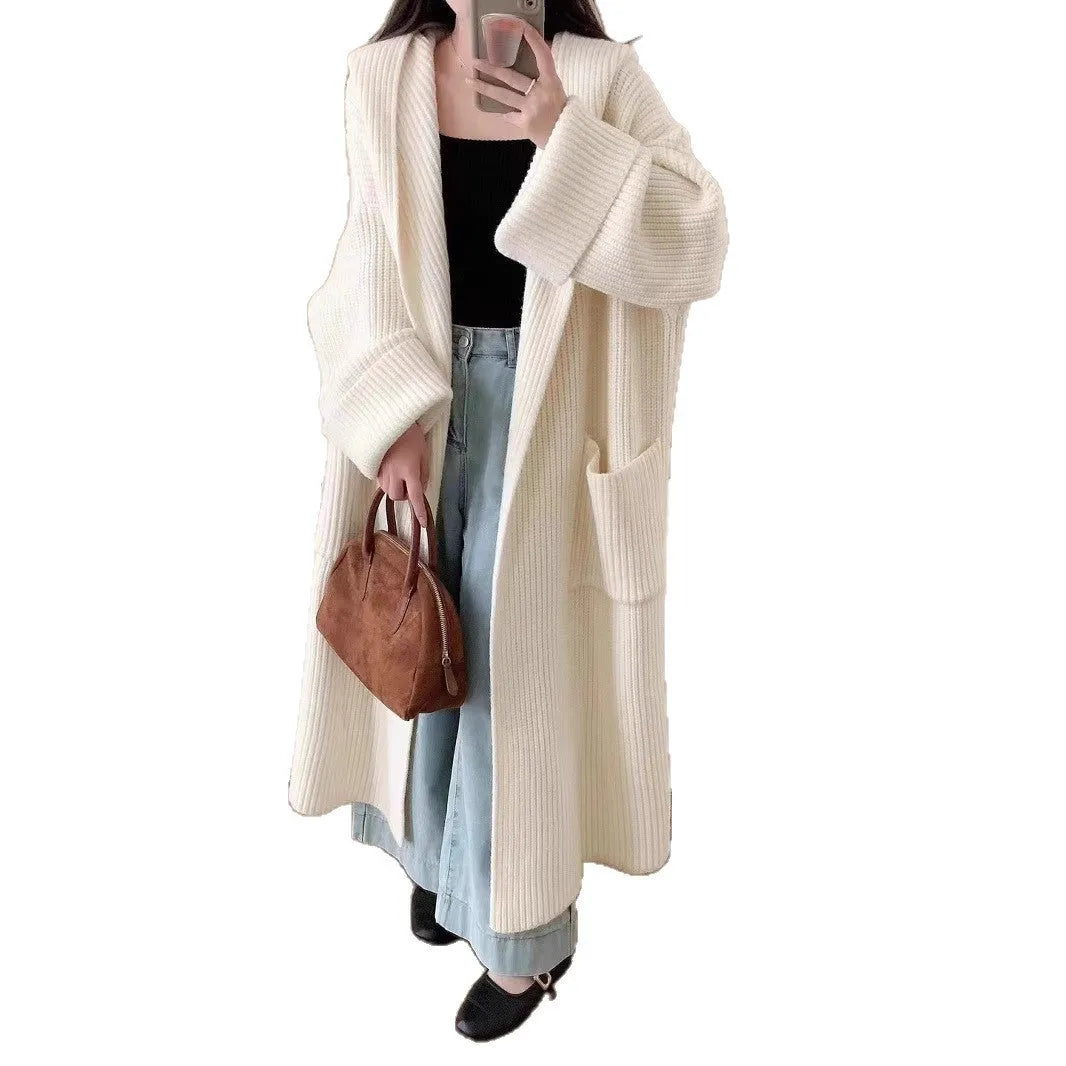 Women's loose hooded cardigan coat in extended 80cm length with raglan sleeves
