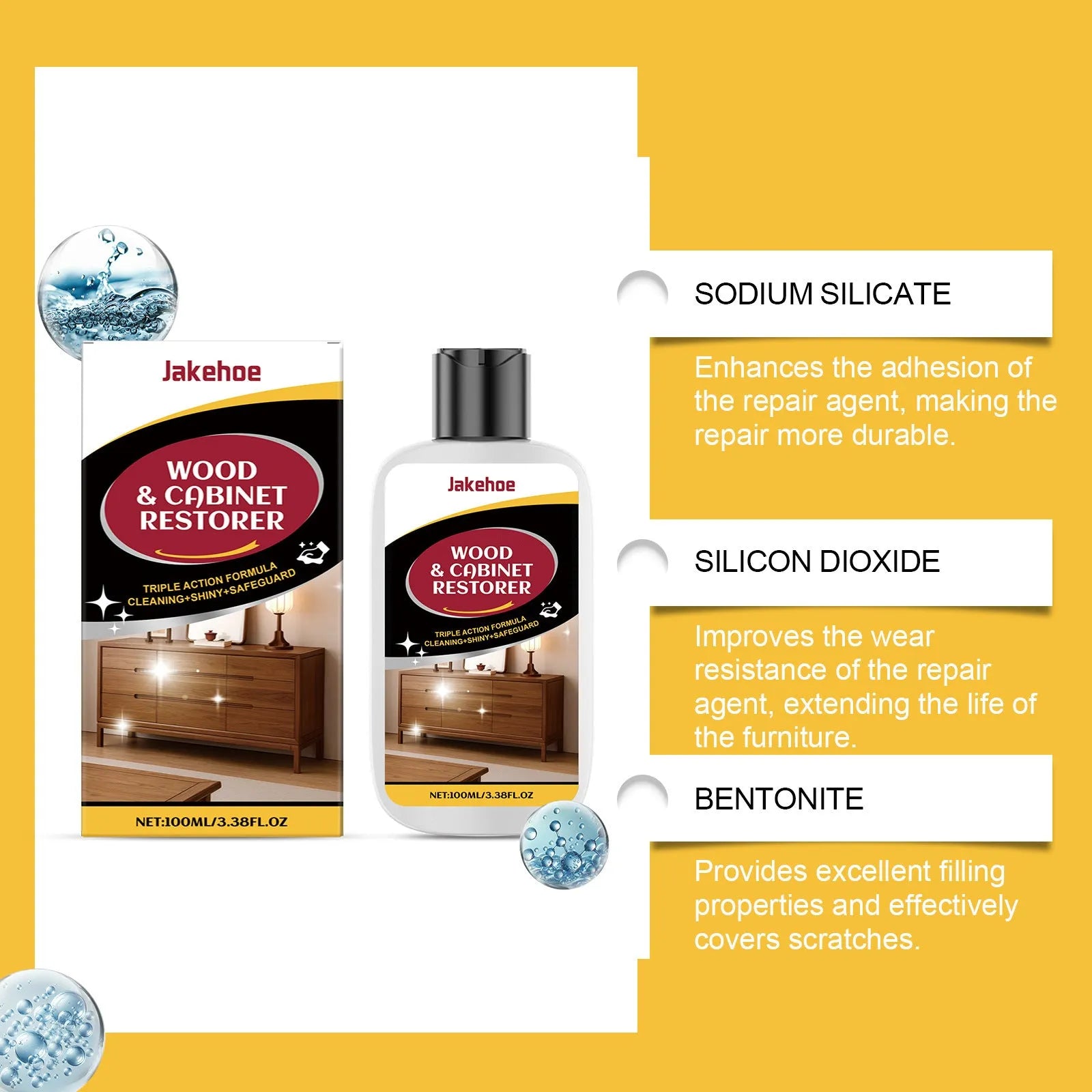 Wooden furniture scratch care kit with 100ml bottle and microfiber towel for gentle surface maintenance