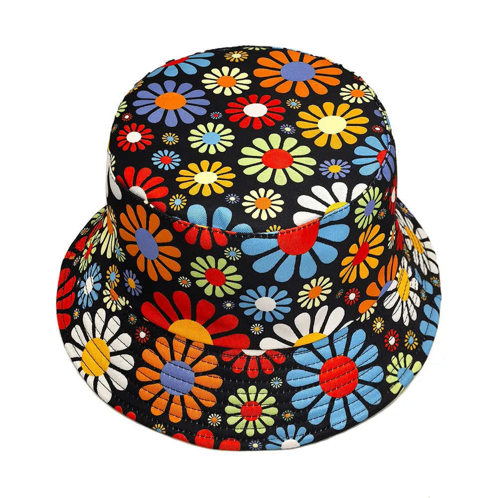 Colourful floral pattern polyester bucket hat with a dome crown on a neutral background.