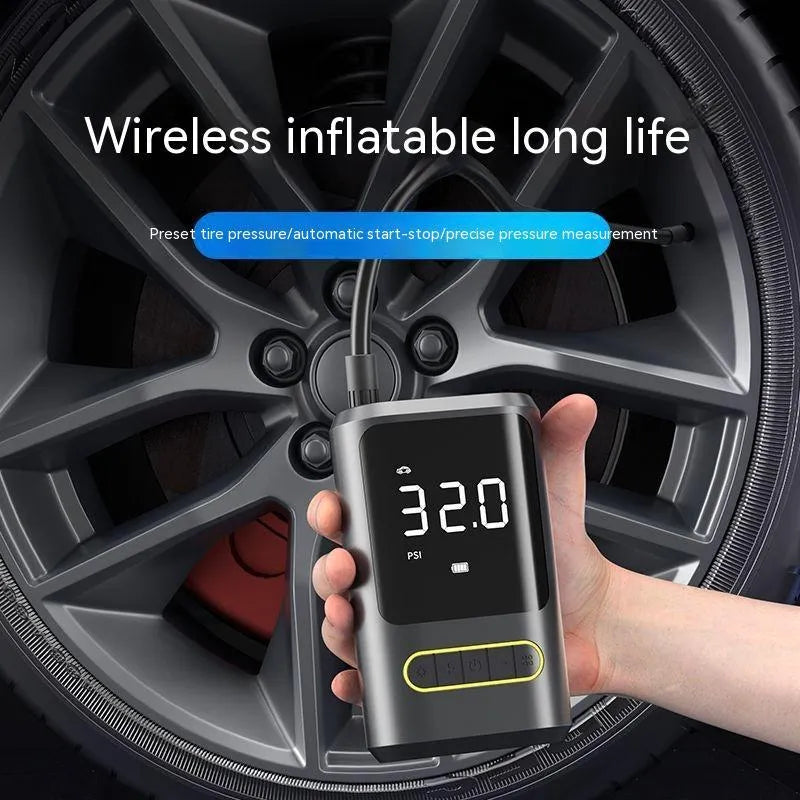 Wireless digital display car tyre inflator with LED light and multiple nozzles on black background