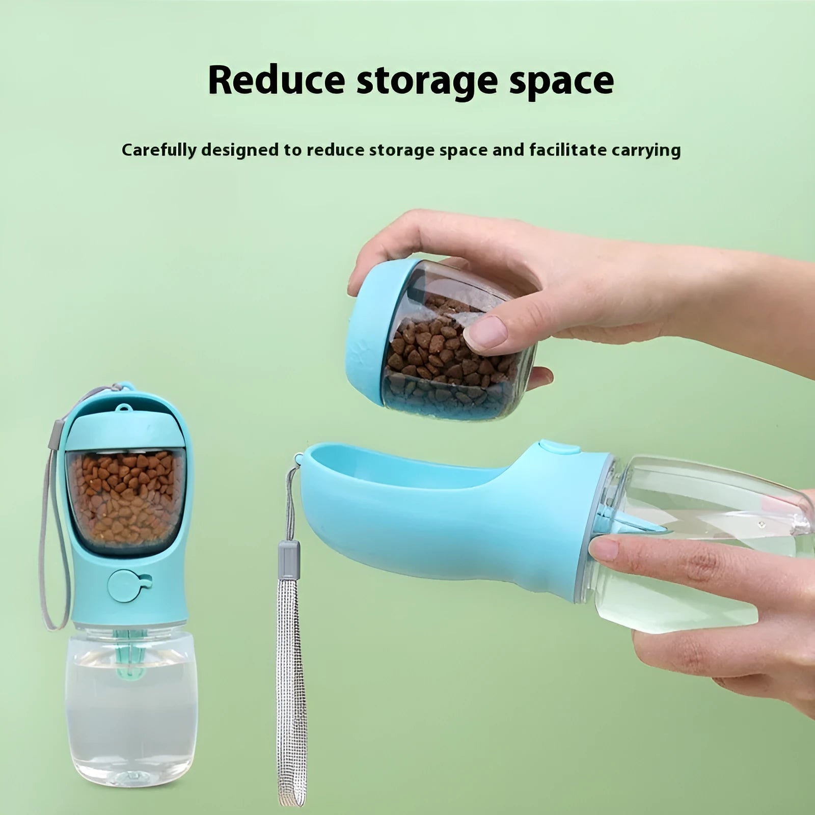 Blue portable plastic dog water bottle with attached drinking cup for walks