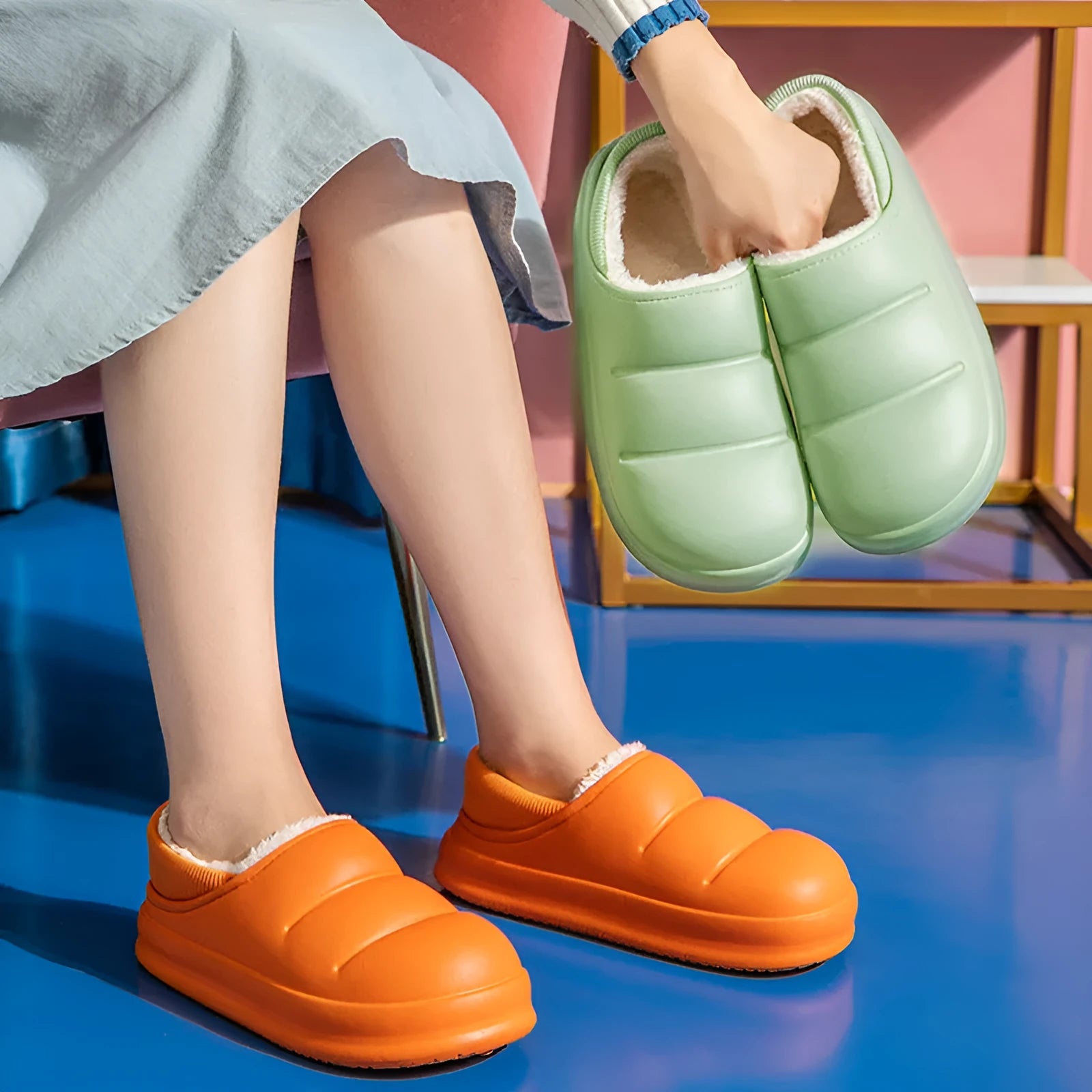 Waterproof EVA couple slippers in various colours with plush lining and non-slip soles