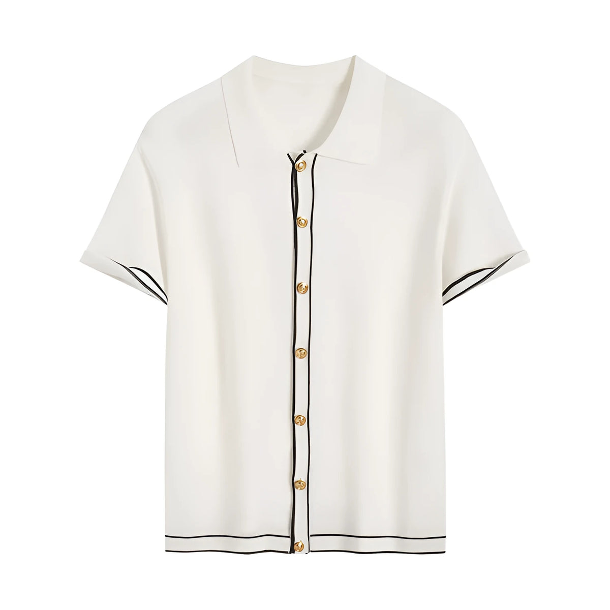 White short sleeve women's cardigan with dark contrast lapels, laid flat.