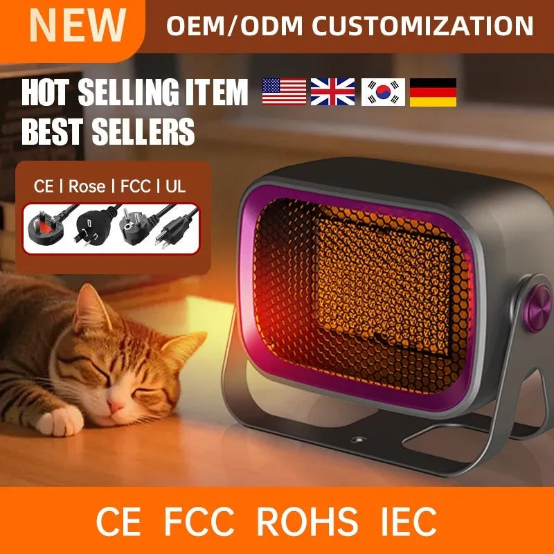Compact white desktop electric heater with rotatable body and push-button controls.