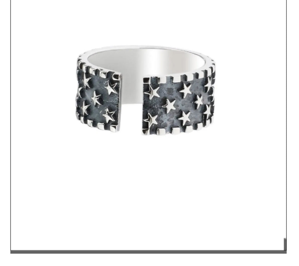 Pure silver ring with multiple five-pointed star patterns and adjustable opening