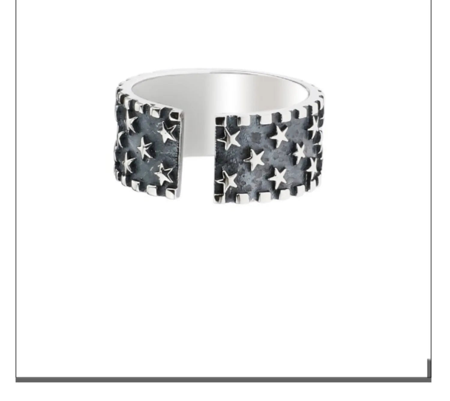 Pure silver ring with multiple five-pointed star patterns and adjustable opening
