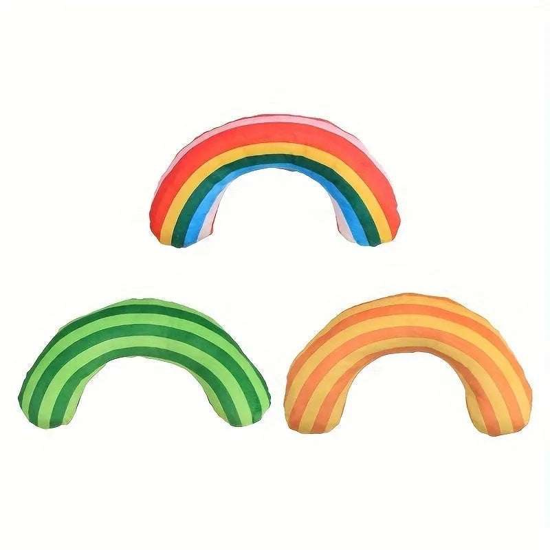 Green, Rainbow, and Yellow cat toy set with noise maker, catnip strip, and striped pillow.