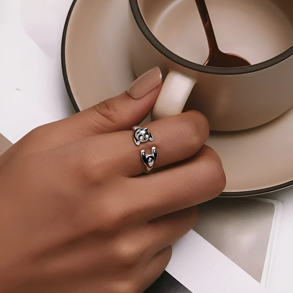 Cute panda adjustable open ring bracelet in sterling silver with white gold plating