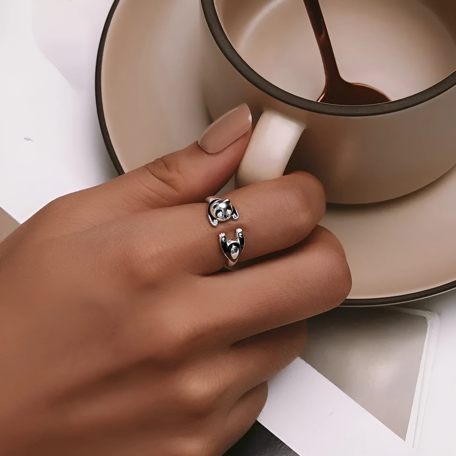 Cute panda adjustable open ring bracelet in sterling silver with white gold plating