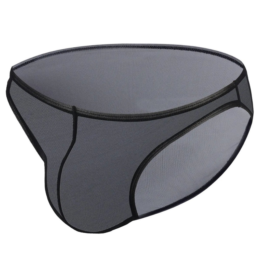 Men's black low waist triangle cut nylon briefs with quick-drying properties