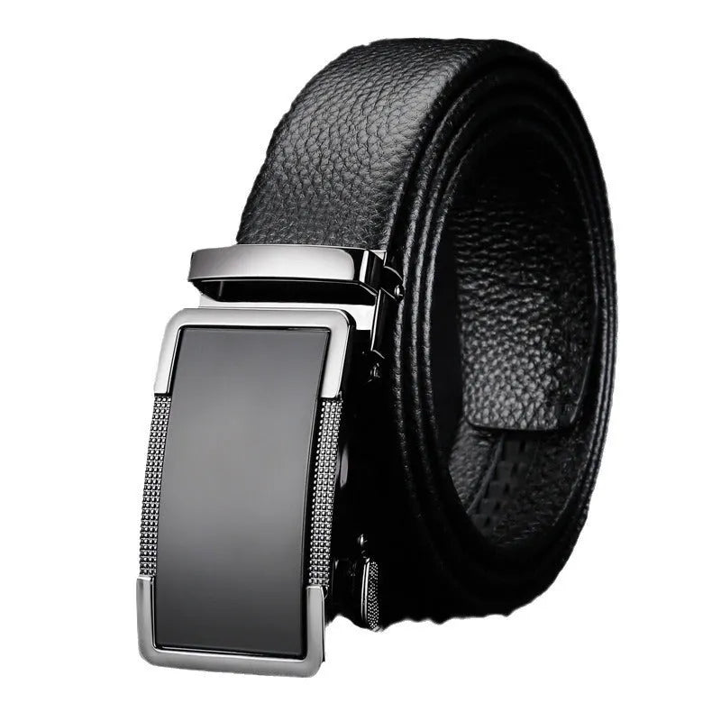Men's gun black leather belt with a silver automatic Comfort Click buckle, shown adjusted to a mid-length.