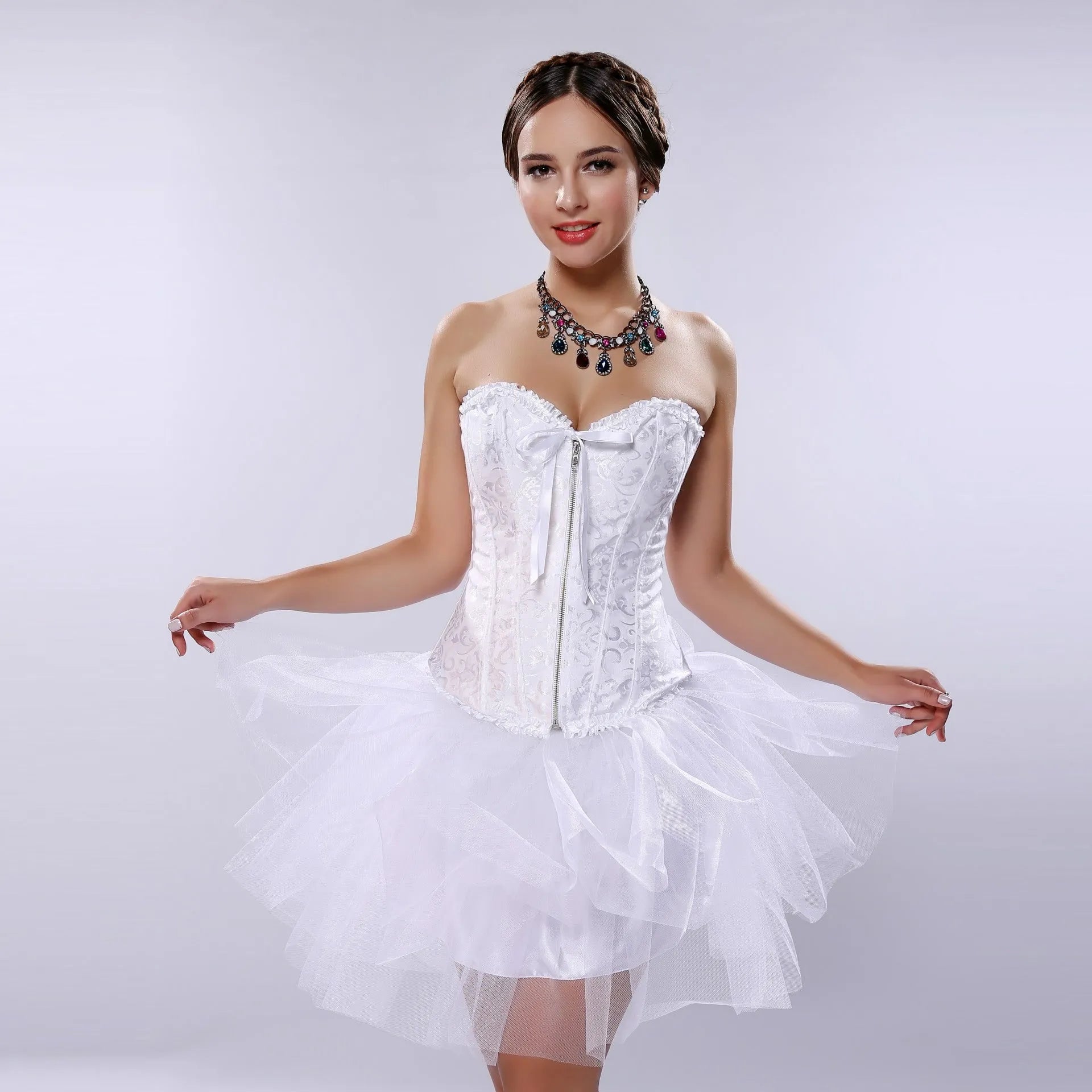 A women's black spandex waist trainer corset with a front silver zipper closure.