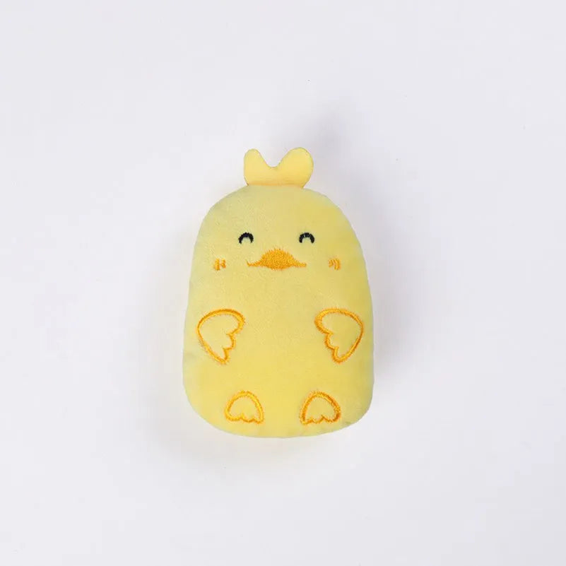 Plush catnip chewing toy for teeth grinding in assorted colours on a white background