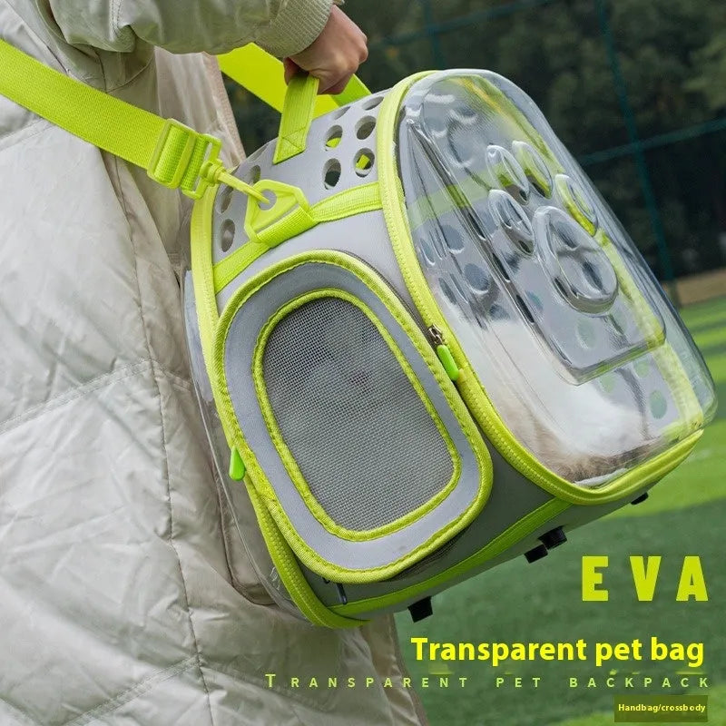 Transparent space capsule cat backpack carrier with hard EVA shell in grass green colour