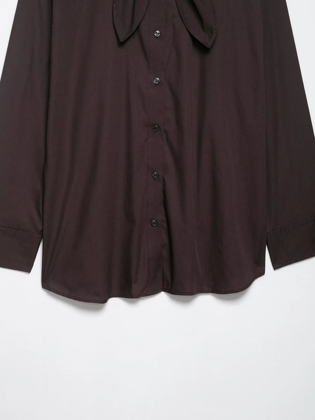 Brown women's poplin shirt with integrated bow tie scarf, cardigan style with long sleeves