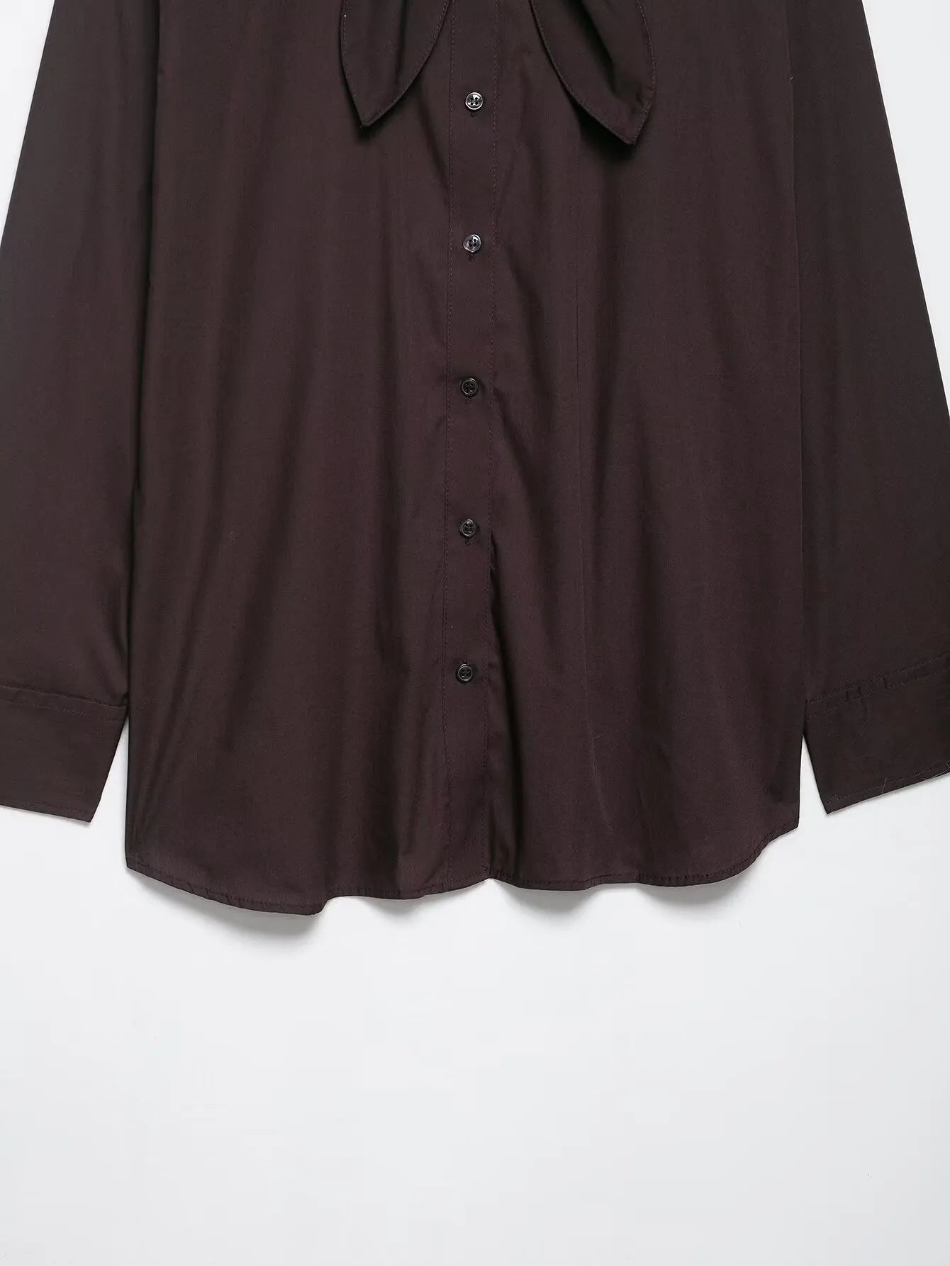 Brown women's poplin shirt with integrated bow tie scarf, cardigan style with long sleeves