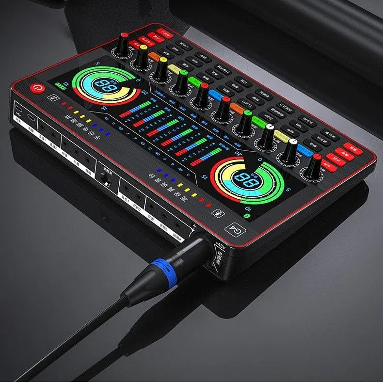 G4 professional sound card set with condenser microphone, remote control, audio cables, and LCD display